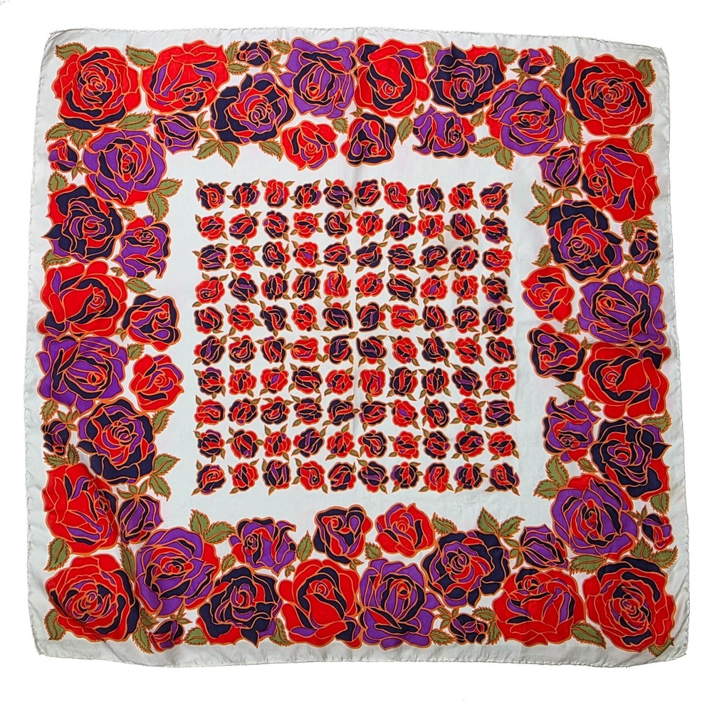 Vintage Silk Scarf Rose Floral Ivory Red Purple Hand Rolled 29x30 Square